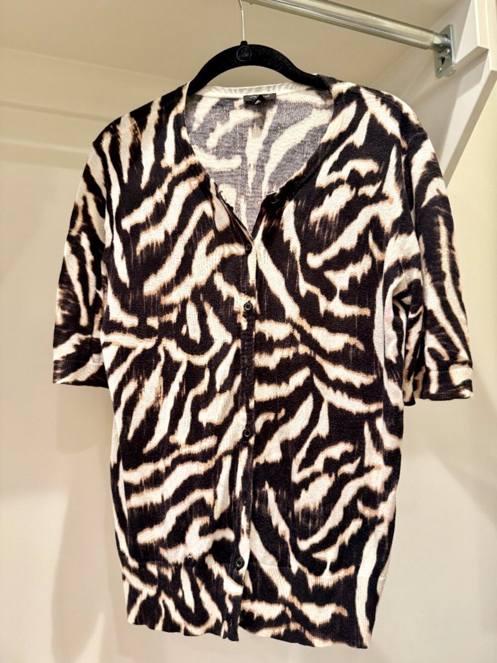 Anne Taylor lightweight cardigan, short sleeve, medium, animal print